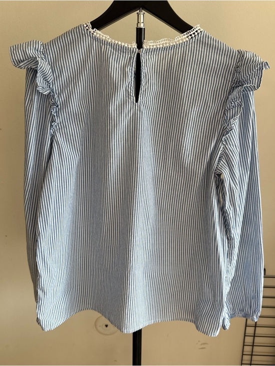 J. Crew Light Blue & White Striped Ruffle Shoulder Blouse - Picture 2 of 7